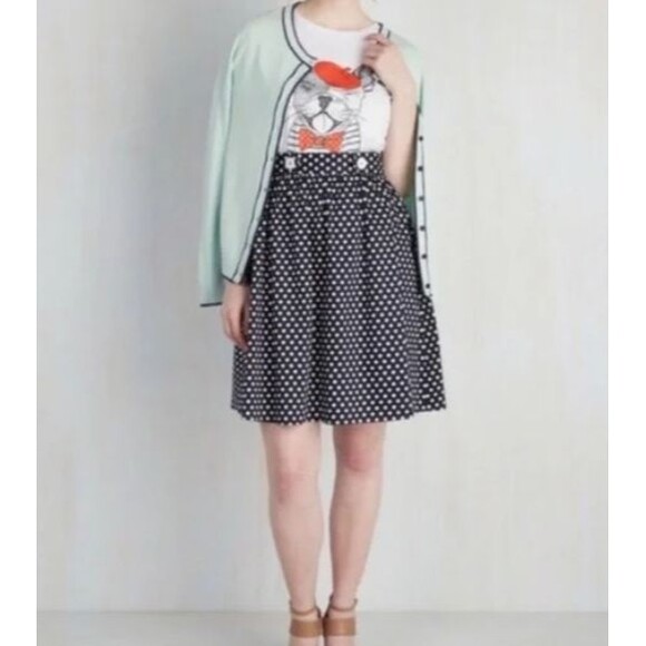 Modcloth Navy Polka Dot A-Line Knit Skirt Nautical Flirty Girly Date Night M - Picture 1 of 16